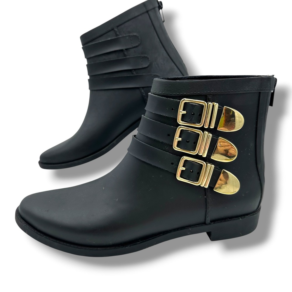 Loeffler Randall Fenton Black Rubber Triple Buckle Rain Boot Gold Hardware Ankle